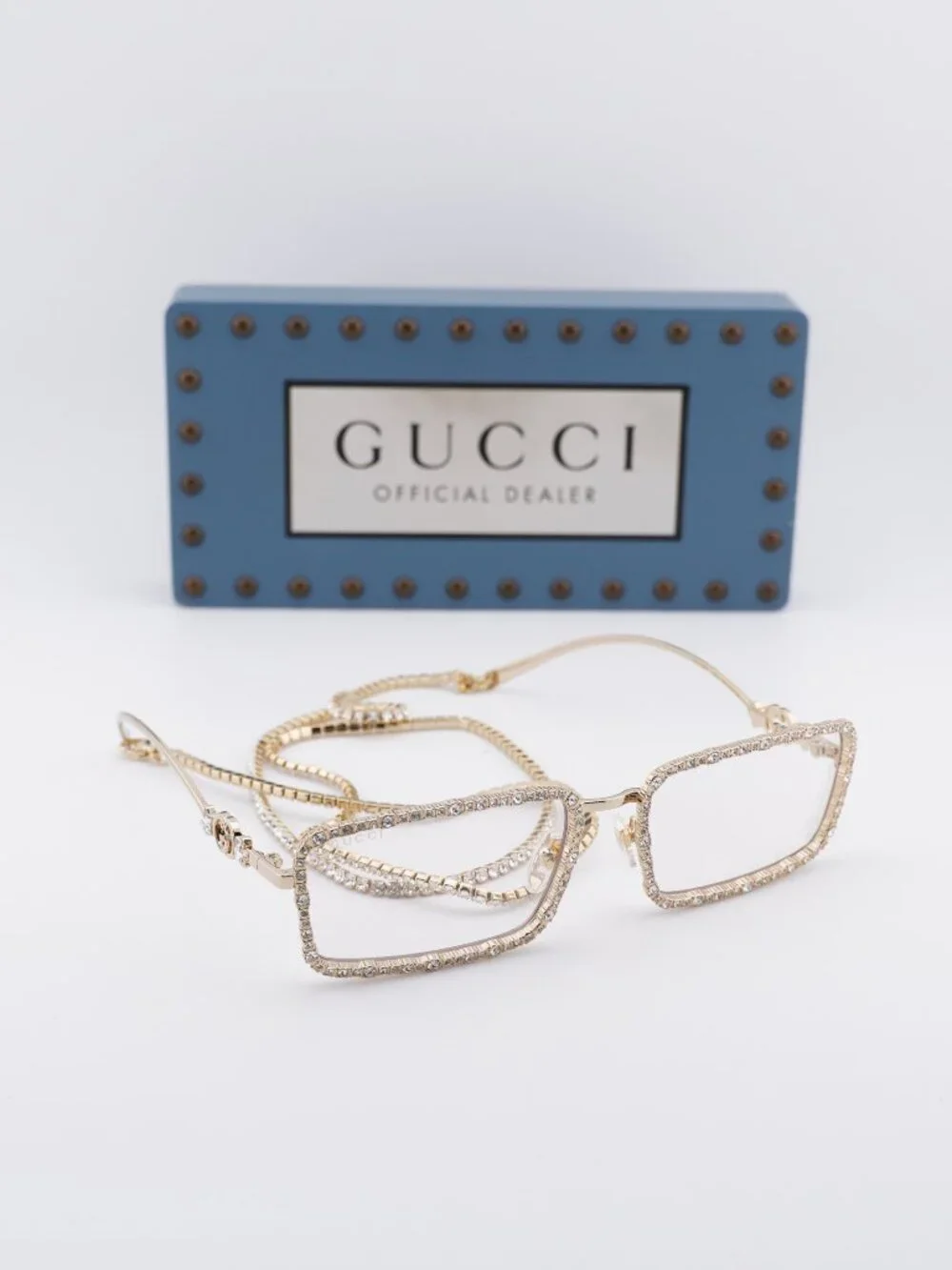 Gucci GG1568S 002 Rectangle Sunglasses - Gold with Gold Chain